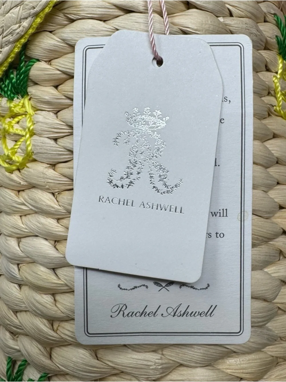 NEW Rachel Ashwell Pineapple Straw Bucket Drawstring Bag Purse Embroidered - Picture 7 of 10